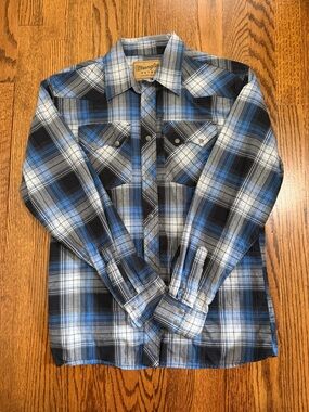 Wrangler Retro Boys Blue Plaid Western Wear Pearl Snap Button Down Size XL